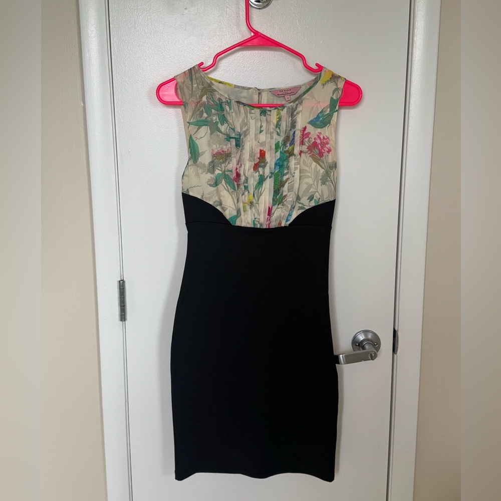 Ted Baker Cocktail dress. Feminine floral chiffon top black empire waist.